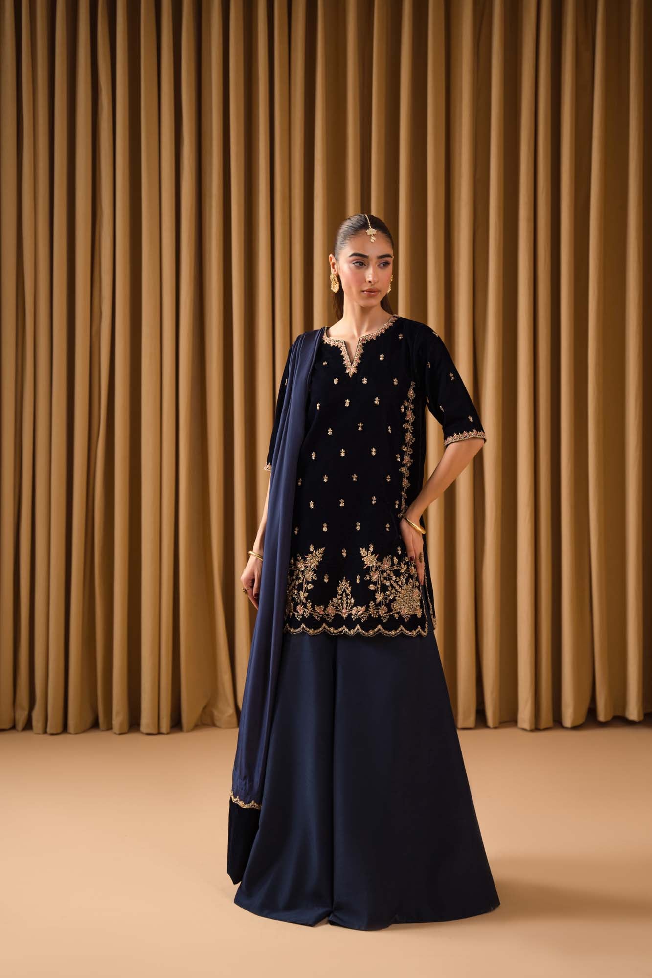 Pure Velvet Navy Blue Embroidered Dress - VC021