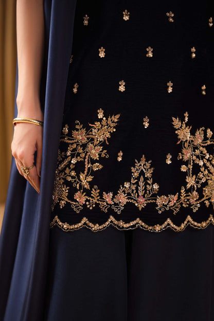 Pure Velvet Navy Blue Embroidered Dress - VC021
