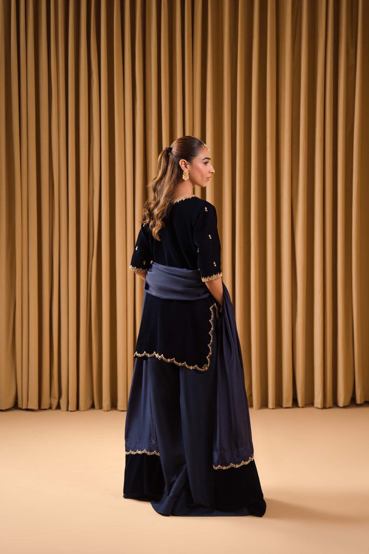 Pure Velvet Navy Blue Embroidered Dress - VC021