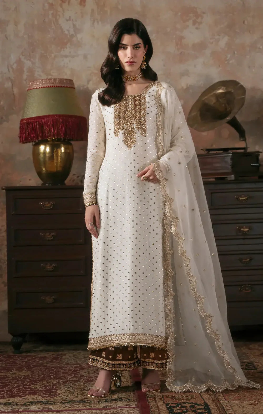 Pure Velvet Off White Embroidered Dress - WW605