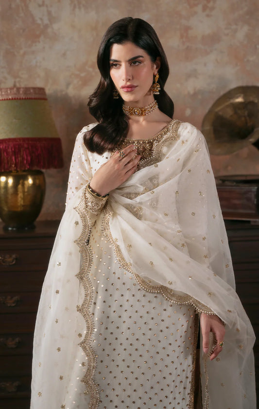 Pure Velvet Off White Embroidered Dress - WW605
