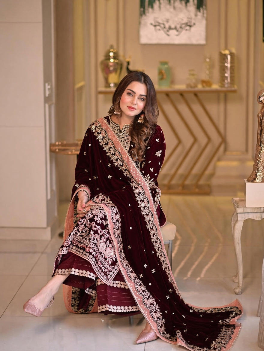 Pure Velvet Mahroon Embroidered Dress with Velvet Shawl – VC226