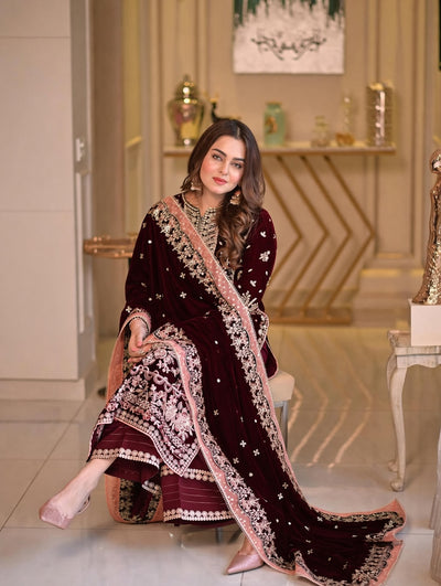 Pure Velvet Mahroon Embroidered Dress with Velvet Shawl – VC226