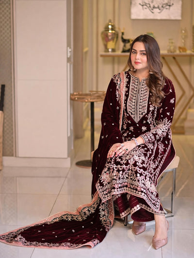 Pure Velvet Mahroon Embroidered Dress with Velvet Shawl – VC226
