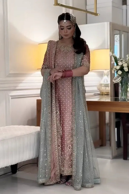 Pure Mysoori Peach Embroidered Maxi Dress - WW550