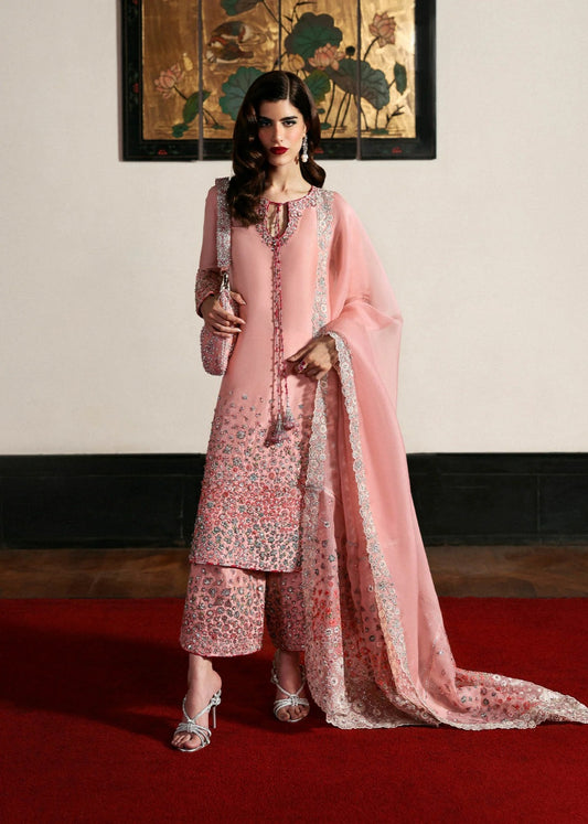 Pure Raw Silk Evara Blush Pink Embroidered Dress With Hand Bag - WW313