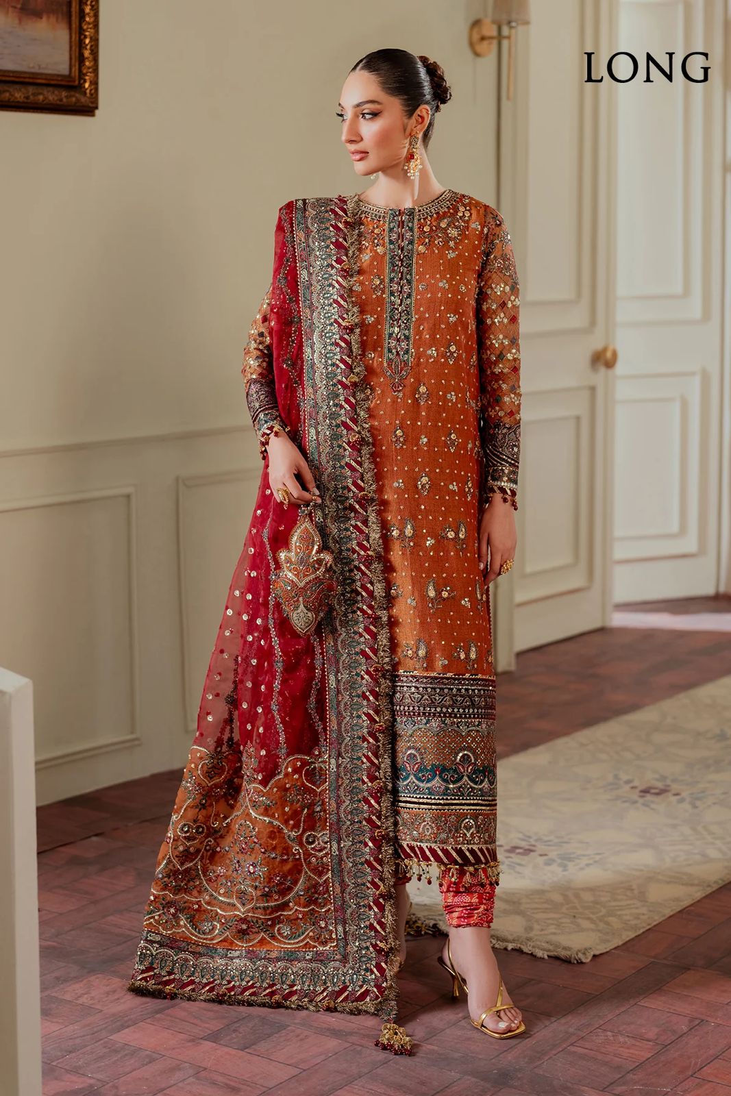 Pure Chiffon Orange Embroidered Dress - WW303