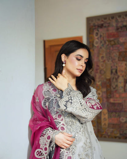 Pure Chiffon Grey Embroidered Dress - PW223