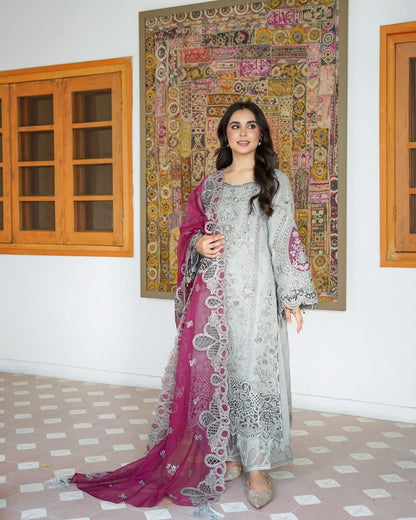 Pure Chiffon Grey Embroidered Dress - PW223