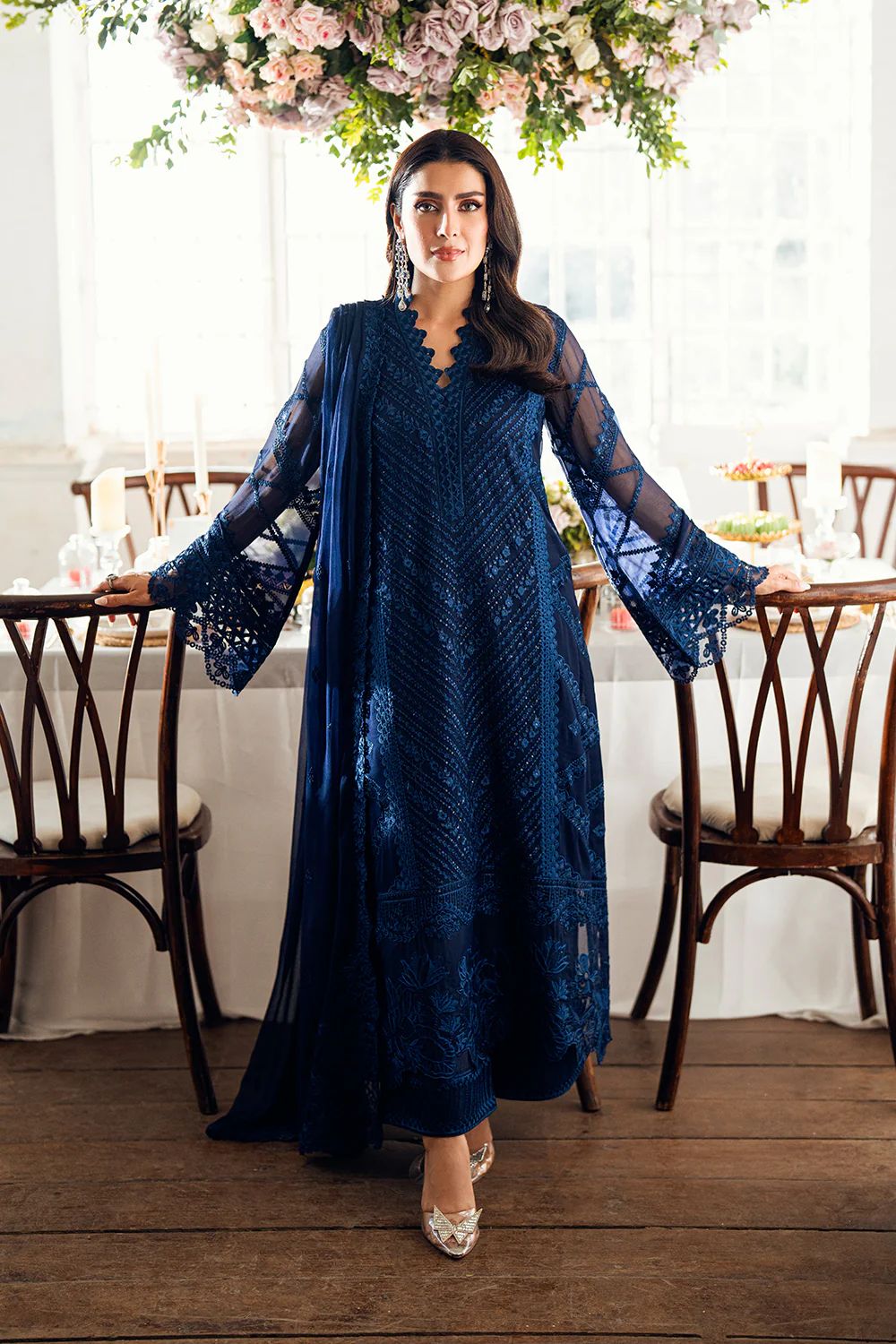 Pure Chiffon Blue Embroidered Dress - PW222