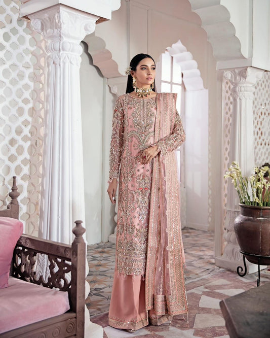 Pure Chiffon Peach Embroidered Dress - WW302