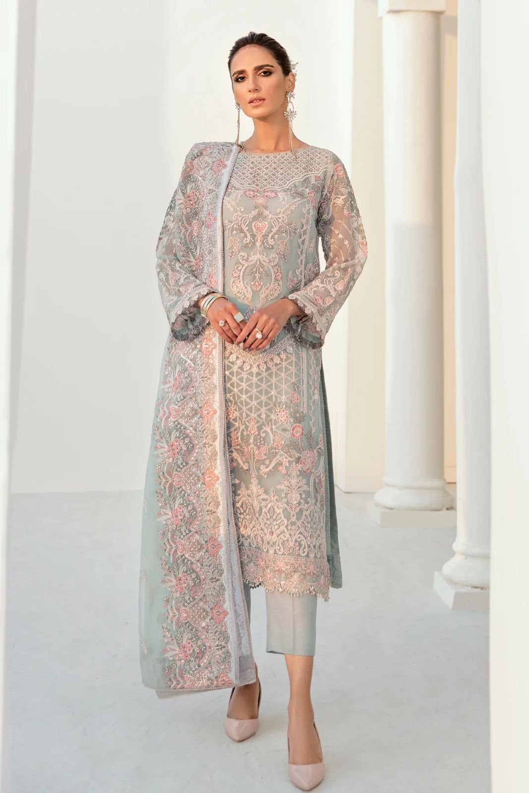 Pure Chiffon Grey Embroidered Dress - PW225