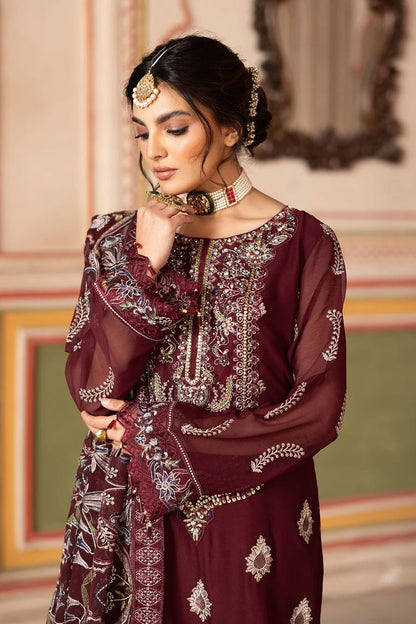 Pure Chiffon Mahroon Embroidered Dress - WW304