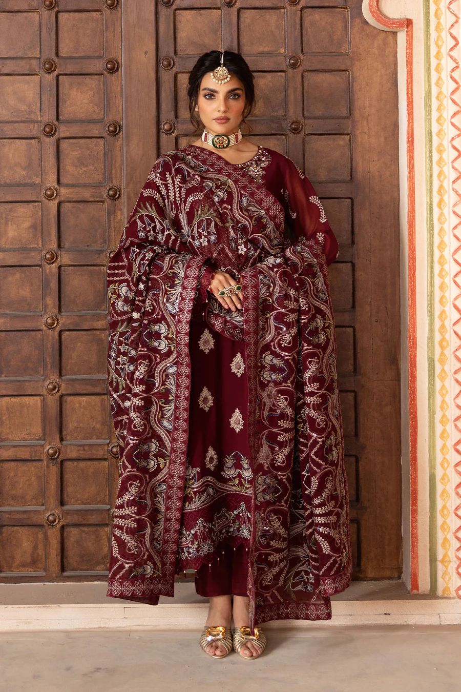 Pure Chiffon Mahroon Embroidered Dress - WW304