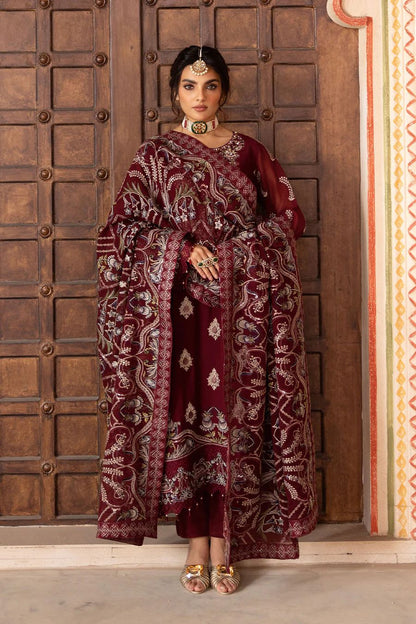 Pure Chiffon Mahroon Embroidered Dress - WW304
