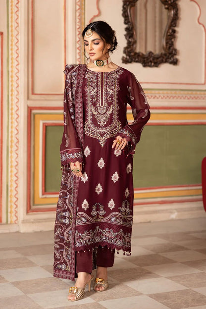 Pure Chiffon Mahroon Embroidered Dress - WW304
