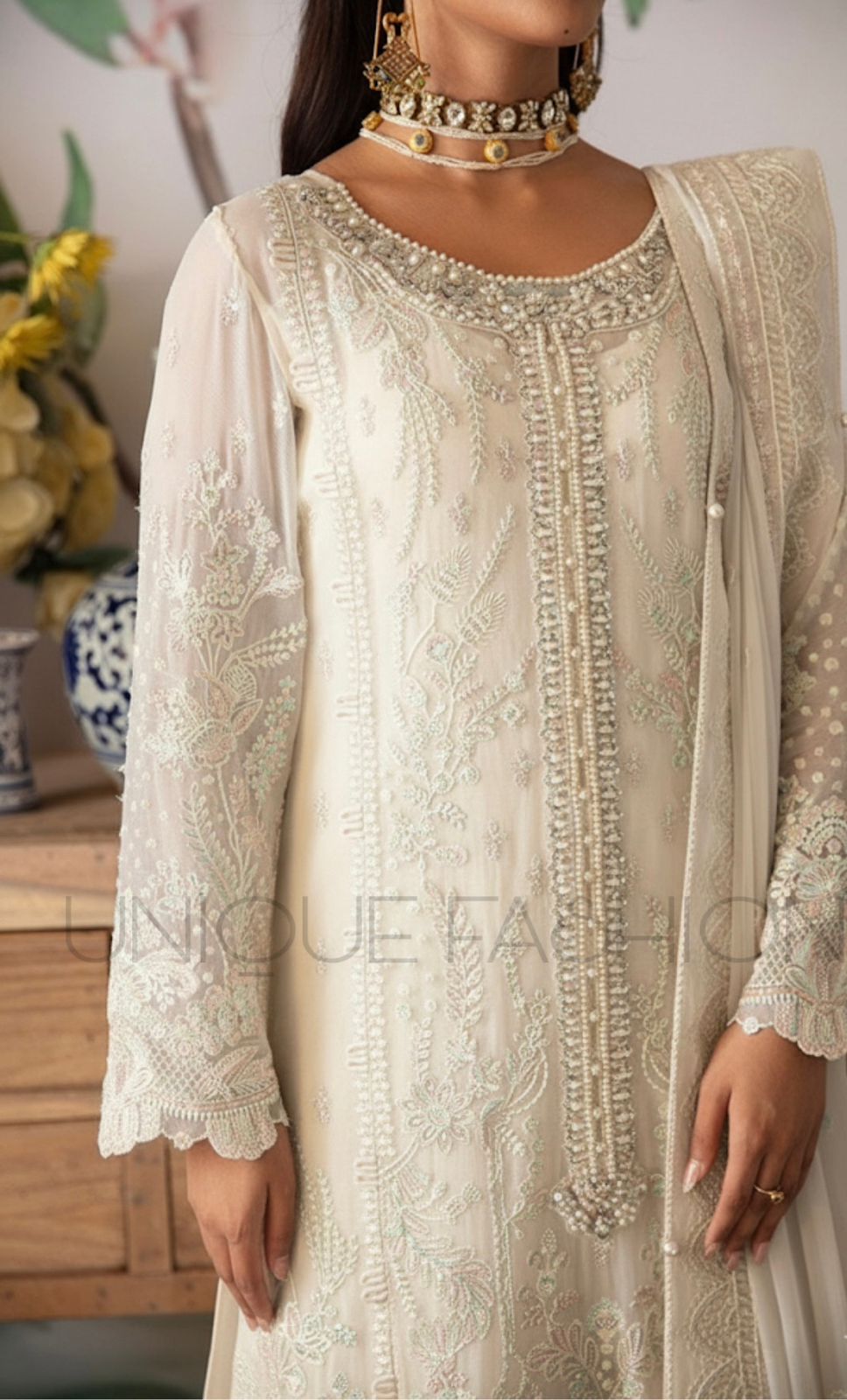 Pure Chiffon Off White Embroidered Dress - WW306