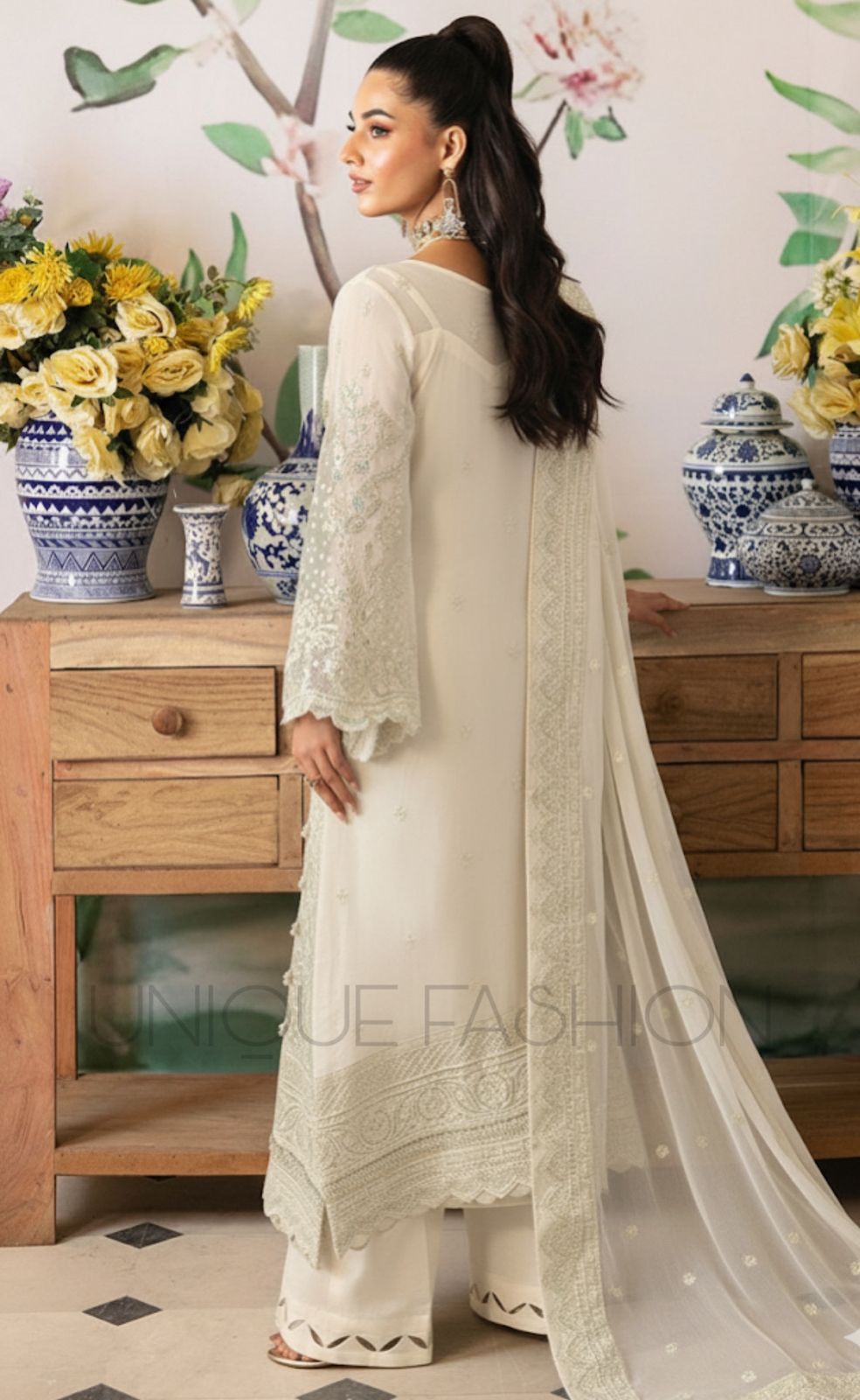 Pure Chiffon Off White Embroidered Dress - WW306