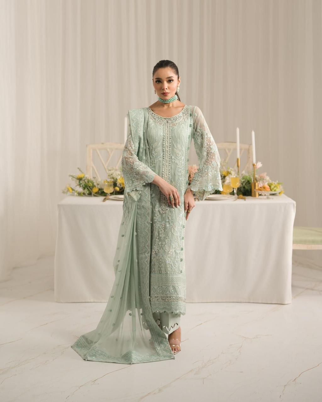 Pure Chiffon Pista Green Embroidered Dress - WW307
