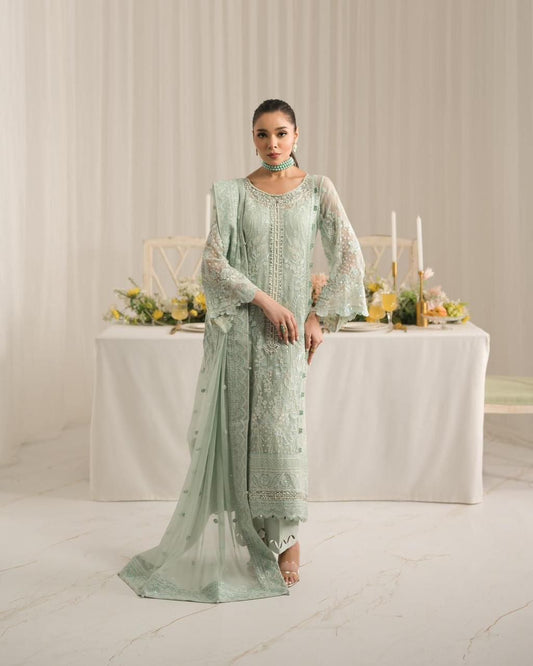 Pure Chiffon Pista Green Embroidered Dress - WW307