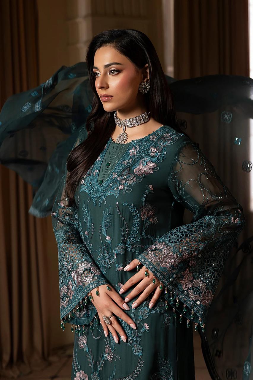 Pure Chiffon Teal Green Embroidered Dress - WW308