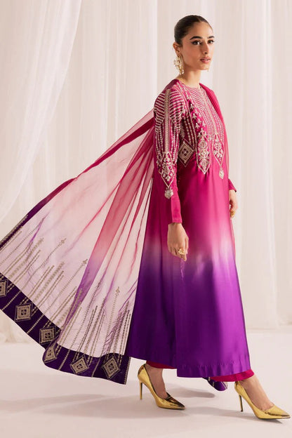 Pure Shamouse Silk Pink & Purple Embroidered Dress - WW336
