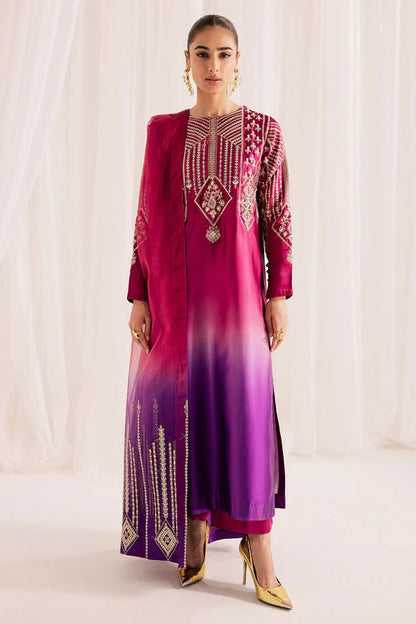 Pure Shamouse Silk Pink & Purple Embroidered Dress - WW336