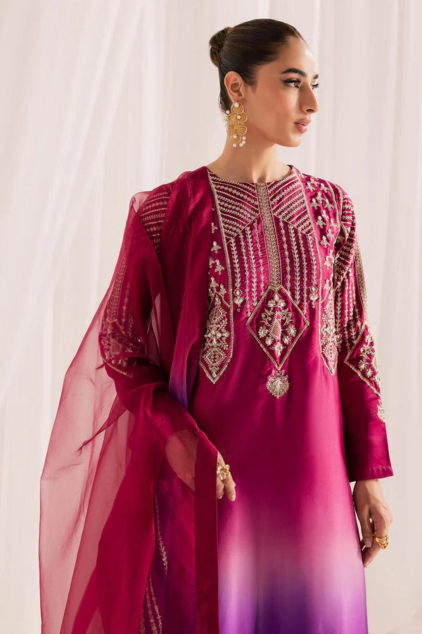 Pure Shamouse Silk Pink & Purple Embroidered Dress - WW336