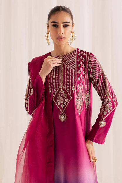 Pure Shamouse Silk Pink & Purple Embroidered Dress - WW336