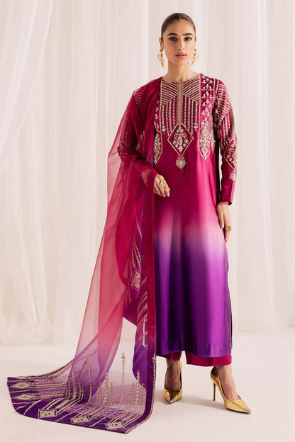 Pure Shamouse Silk Pink & Purple Embroidered Dress - WW336