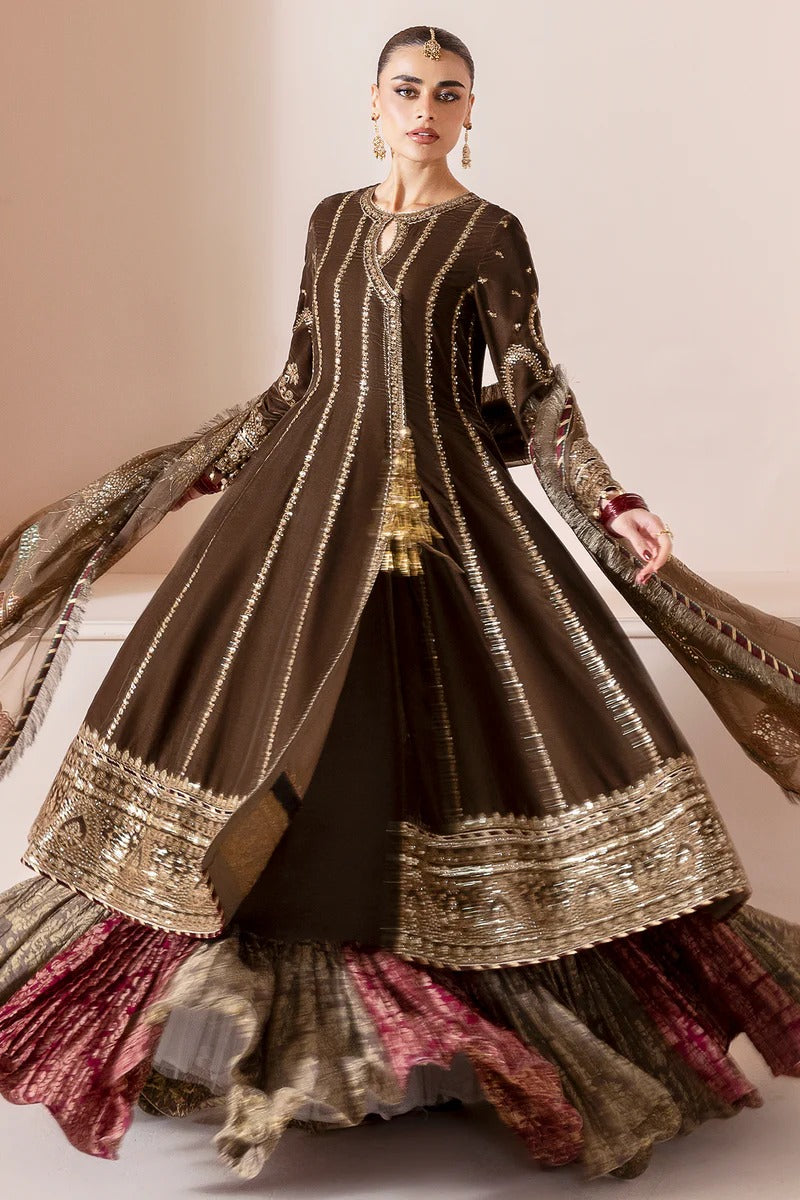 Pure Velvet Brown Embroidered Angrakha Style Dress - WW369