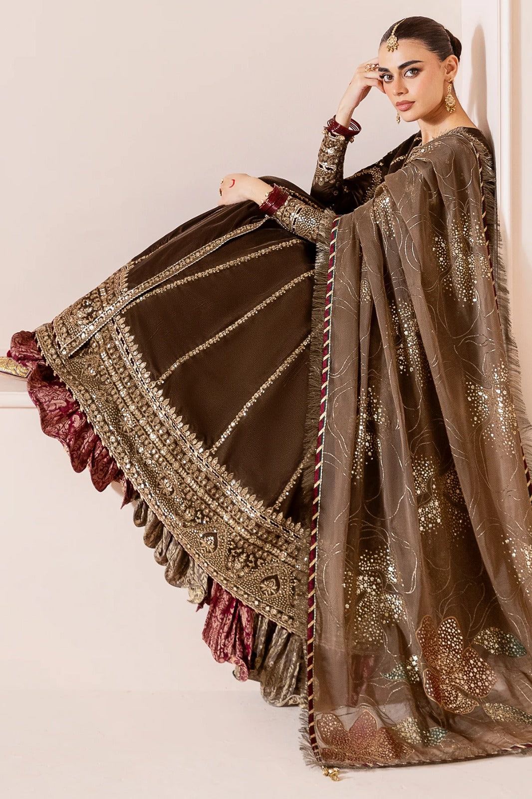 Pure Velvet Brown Embroidered Angrakha Style Dress - WW369