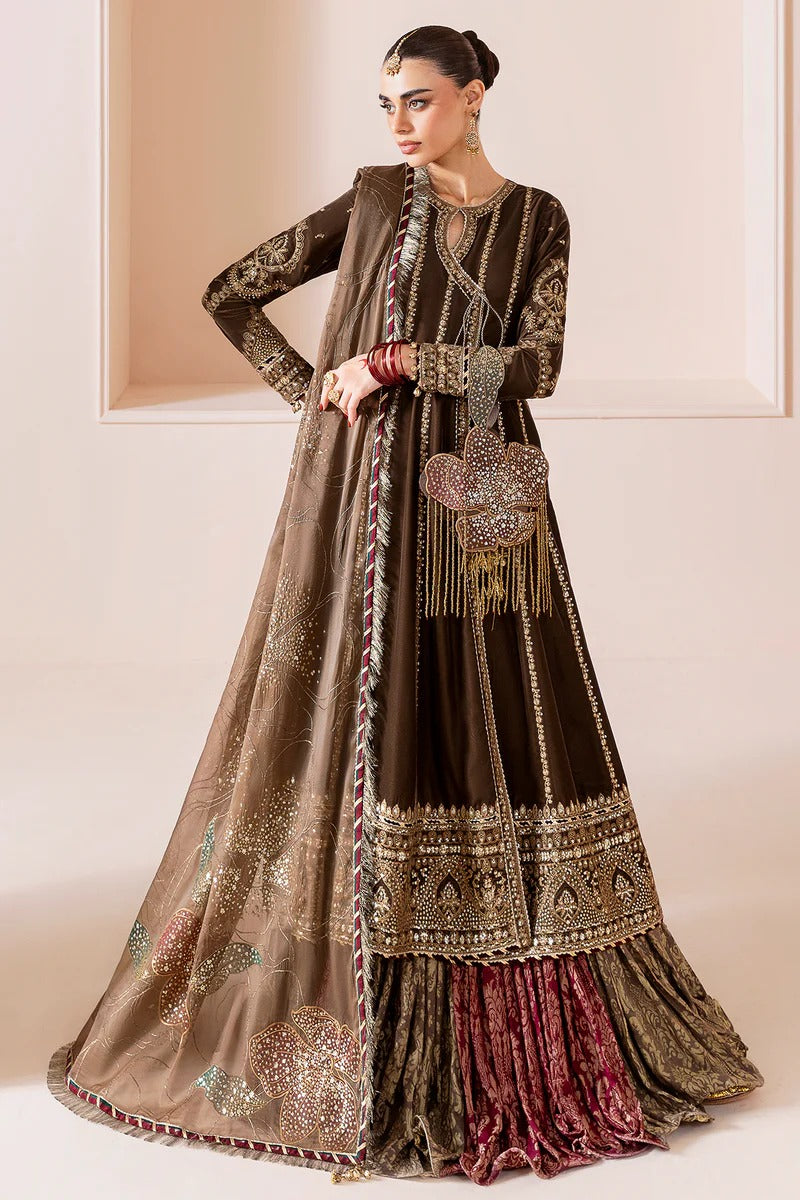 Pure Velvet Brown Embroidered Angrakha Style Dress - WW369
