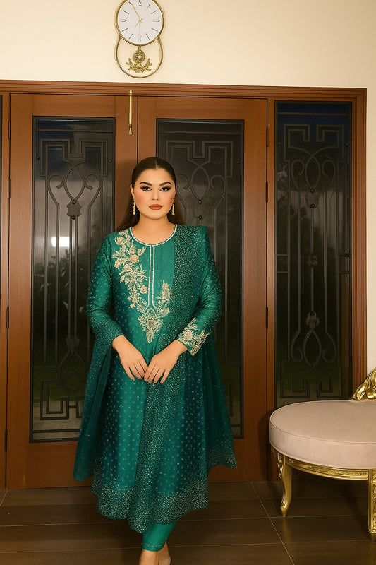 Pure Raw Silk Sea Green Embroidered Dress - WW368