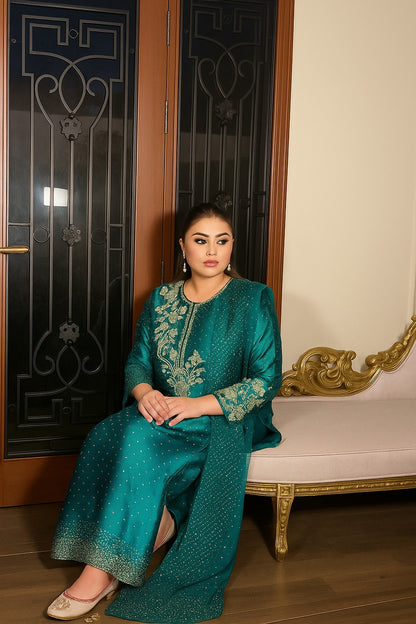 Pure Raw Silk Sea Green Embroidered Dress - WW368