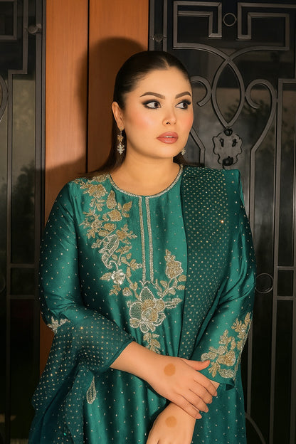 Pure Raw Silk Sea Green Embroidered Dress - WW368