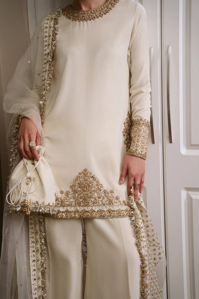 Pure Velvet Silk Off White Embroidered Dress - WW602
