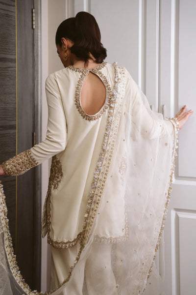 Pure Velvet Silk Off White Embroidered Dress - WW602
