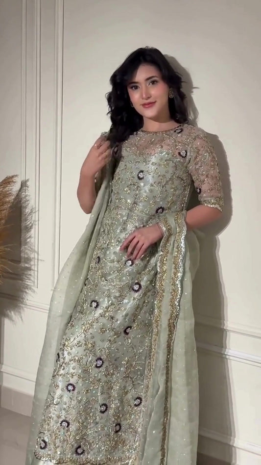 Pure Mysoori Sea Green Embroidered Dress - WW534