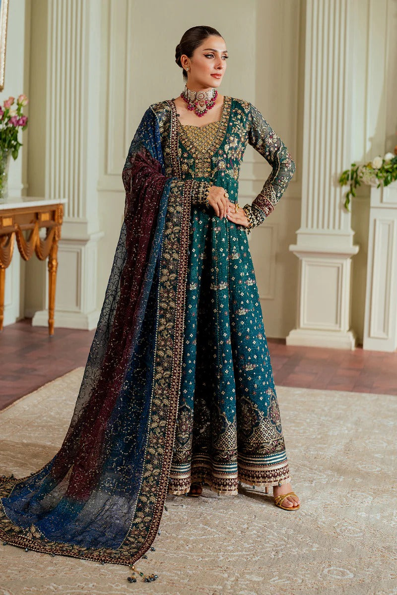Pure Chiffon Teal Blue Gown Style Embroidered Dress - WW528