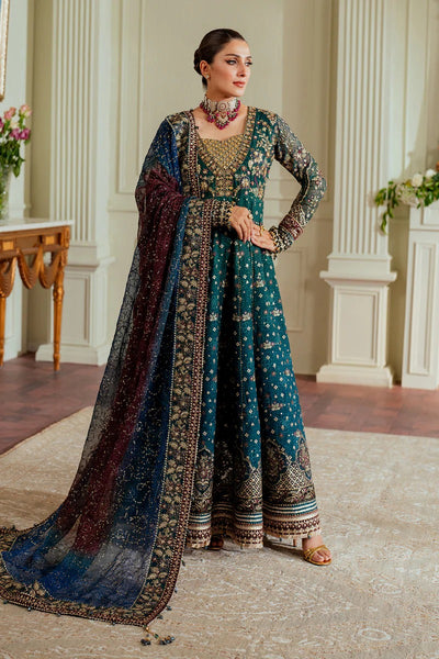 Pure Chiffon Teal Blue Gown Style Embroidered Dress - WW528