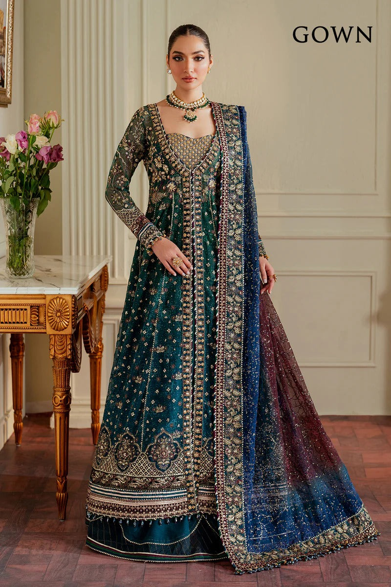 Pure Chiffon Teal Blue Gown Style Embroidered Dress - WW528