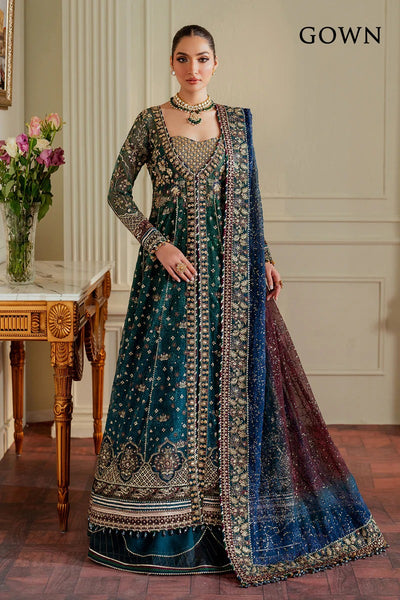 Pure Chiffon Teal Blue Gown Style Embroidered Dress - WW528