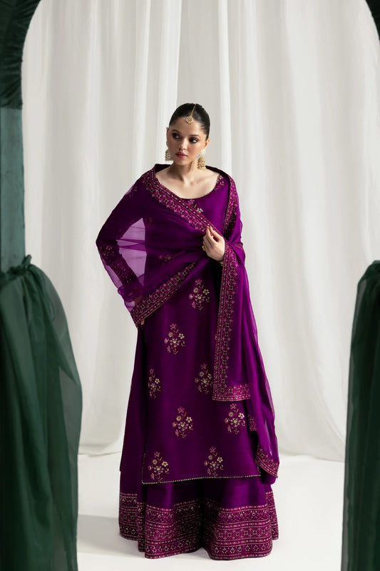 Pure Raw Silk Magenta Embroidered Dress - WW526