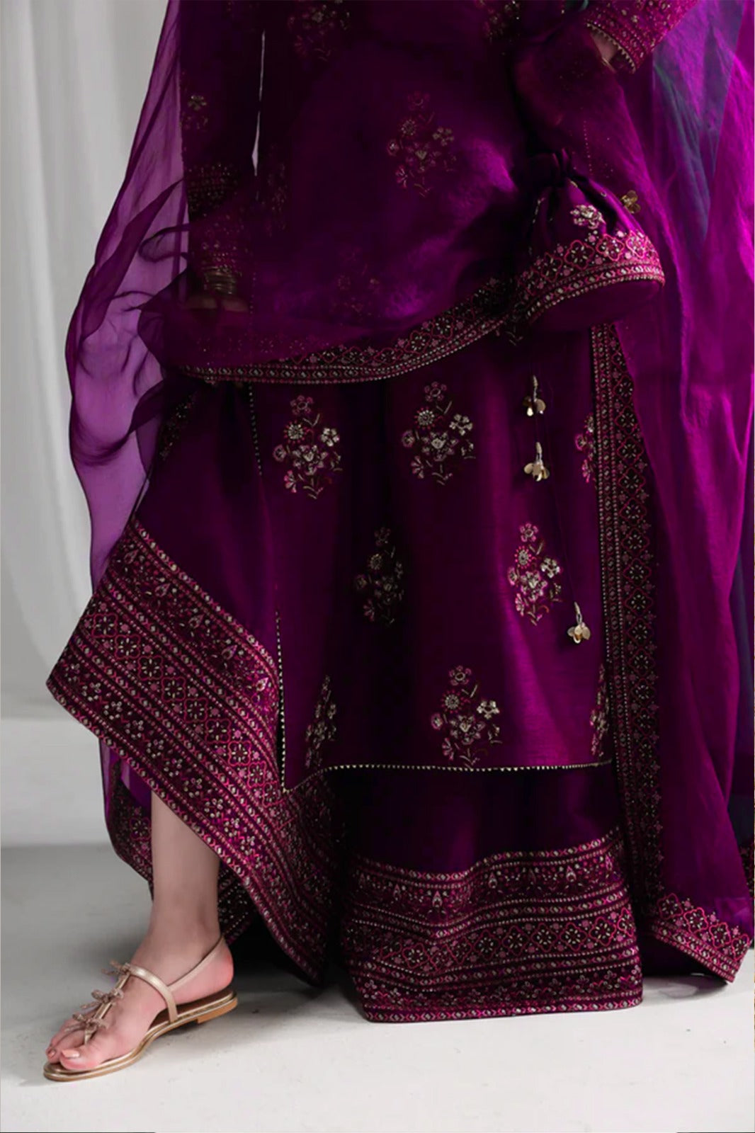 Pure Raw Silk Magenta Embroidered Dress - WW526