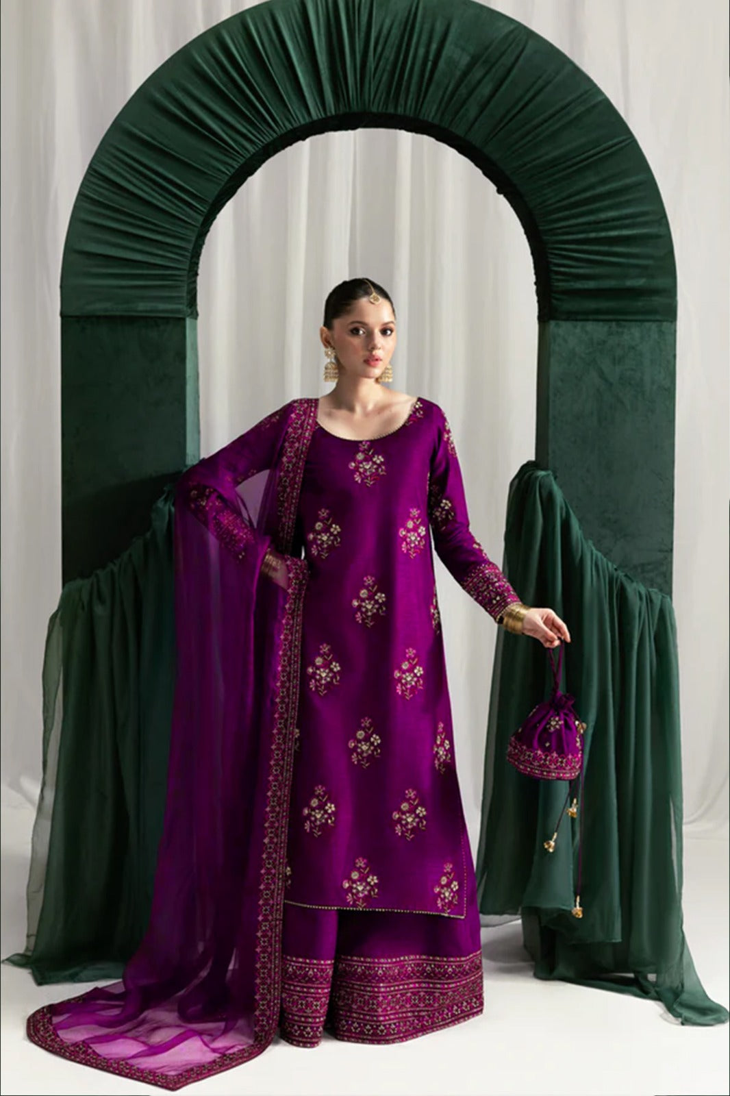 Pure Raw Silk Magenta Embroidered Dress - WW526