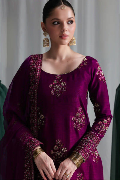 Pure Raw Silk Magenta Embroidered Dress - WW526