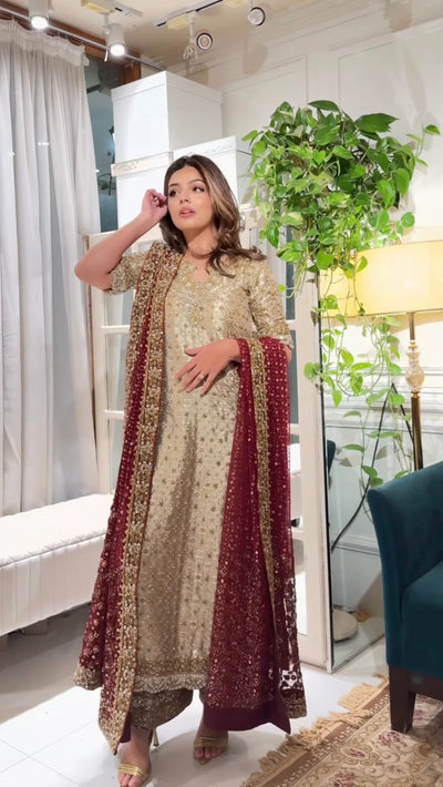 Pure Mysoori Gold & Mahroon Embroidered Dress - WW524
