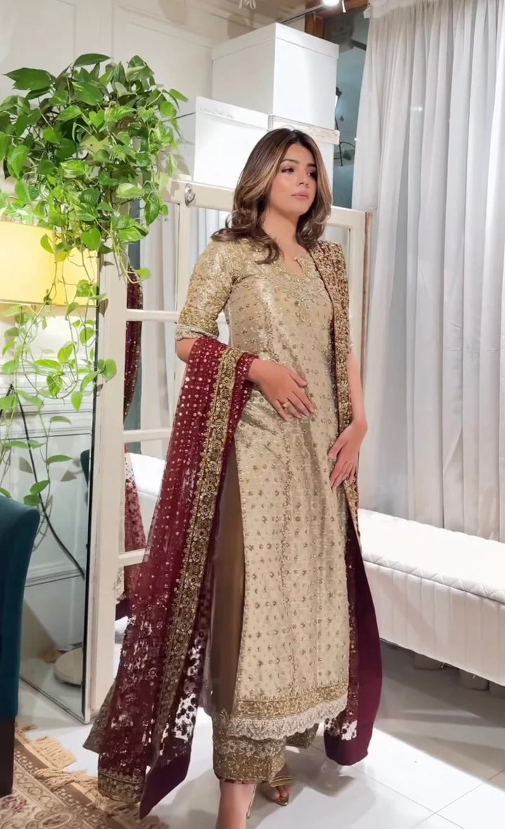 Pure Mysoori Gold & Mahroon Embroidered Dress - WW524
