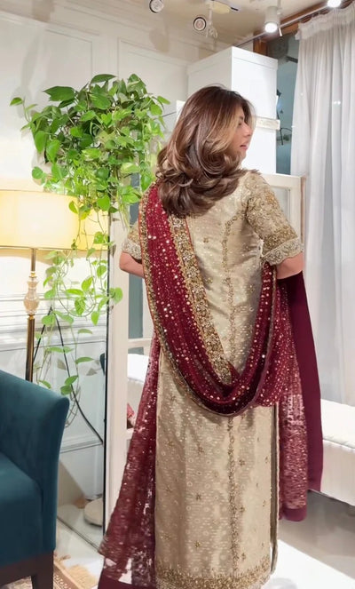 Pure Mysoori Gold & Mahroon Embroidered Dress - WW524